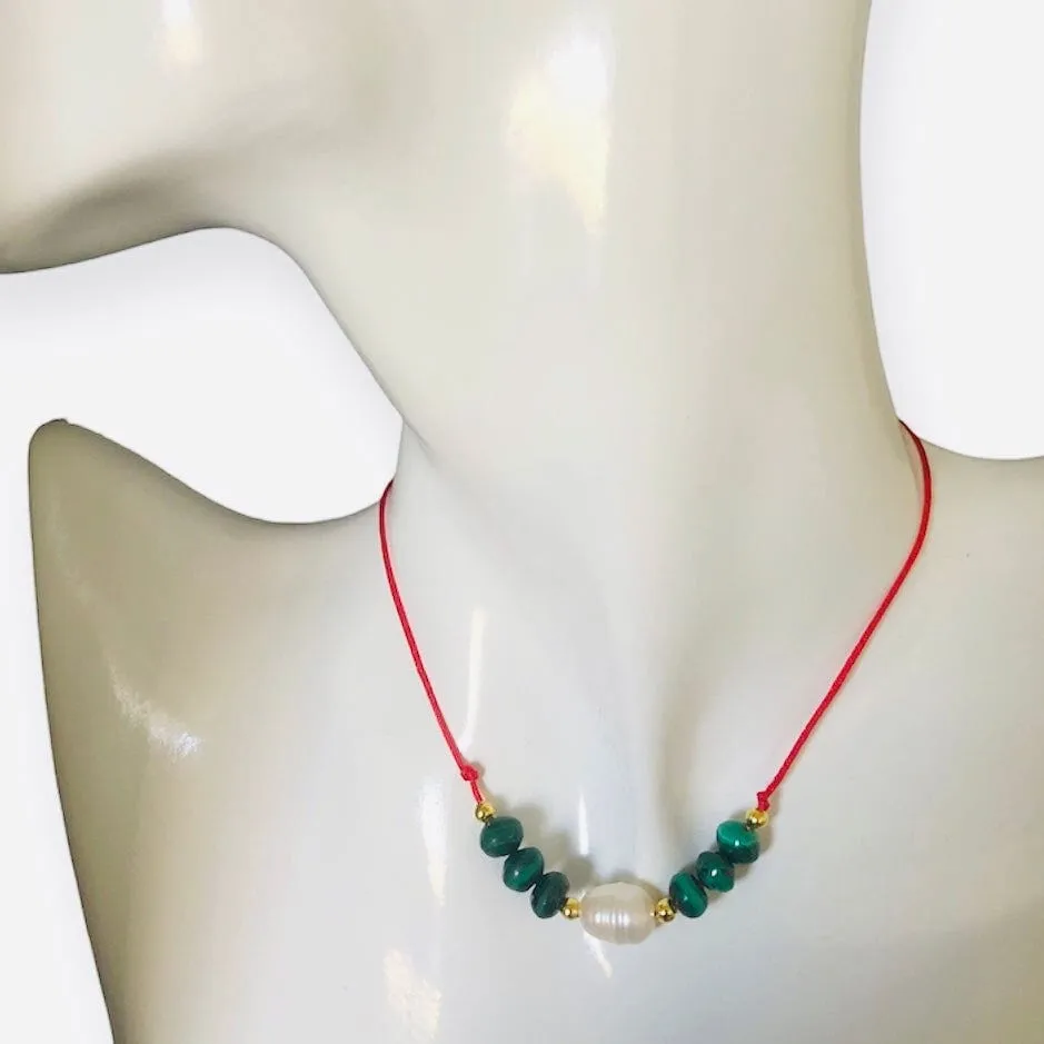 Red Thread Choker Necklace with Freshwater Pearl & Malachite