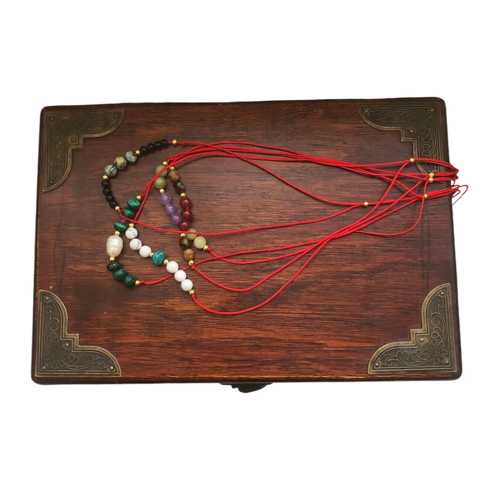 Red Thread Choker Necklace with Freshwater Pearl & Malachite