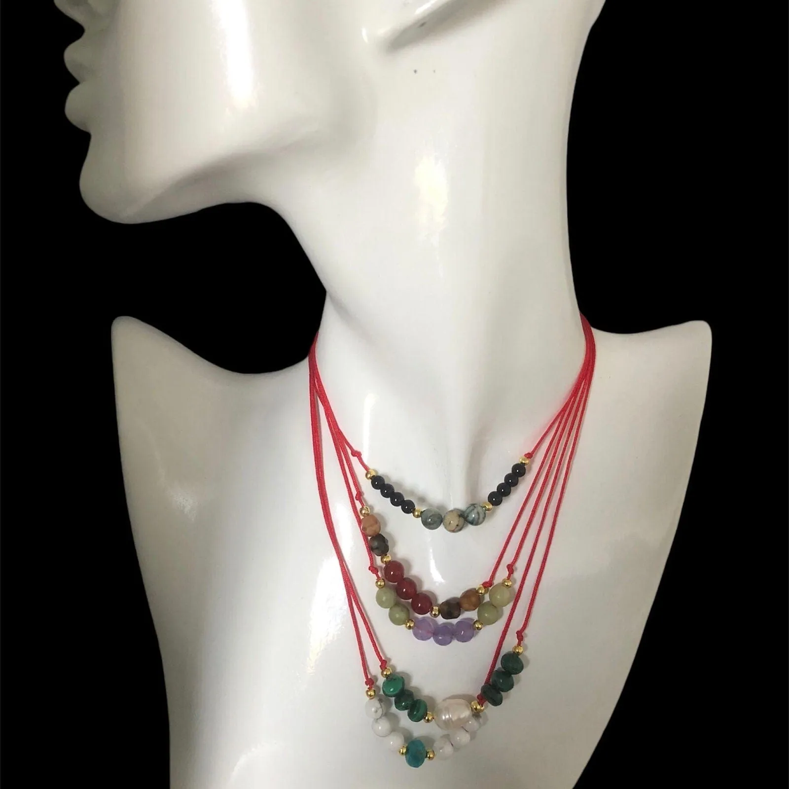 Red Thread Choker Necklace with Freshwater Pearl & Malachite