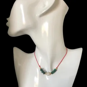 Red Thread Choker Necklace with Freshwater Pearl & Malachite