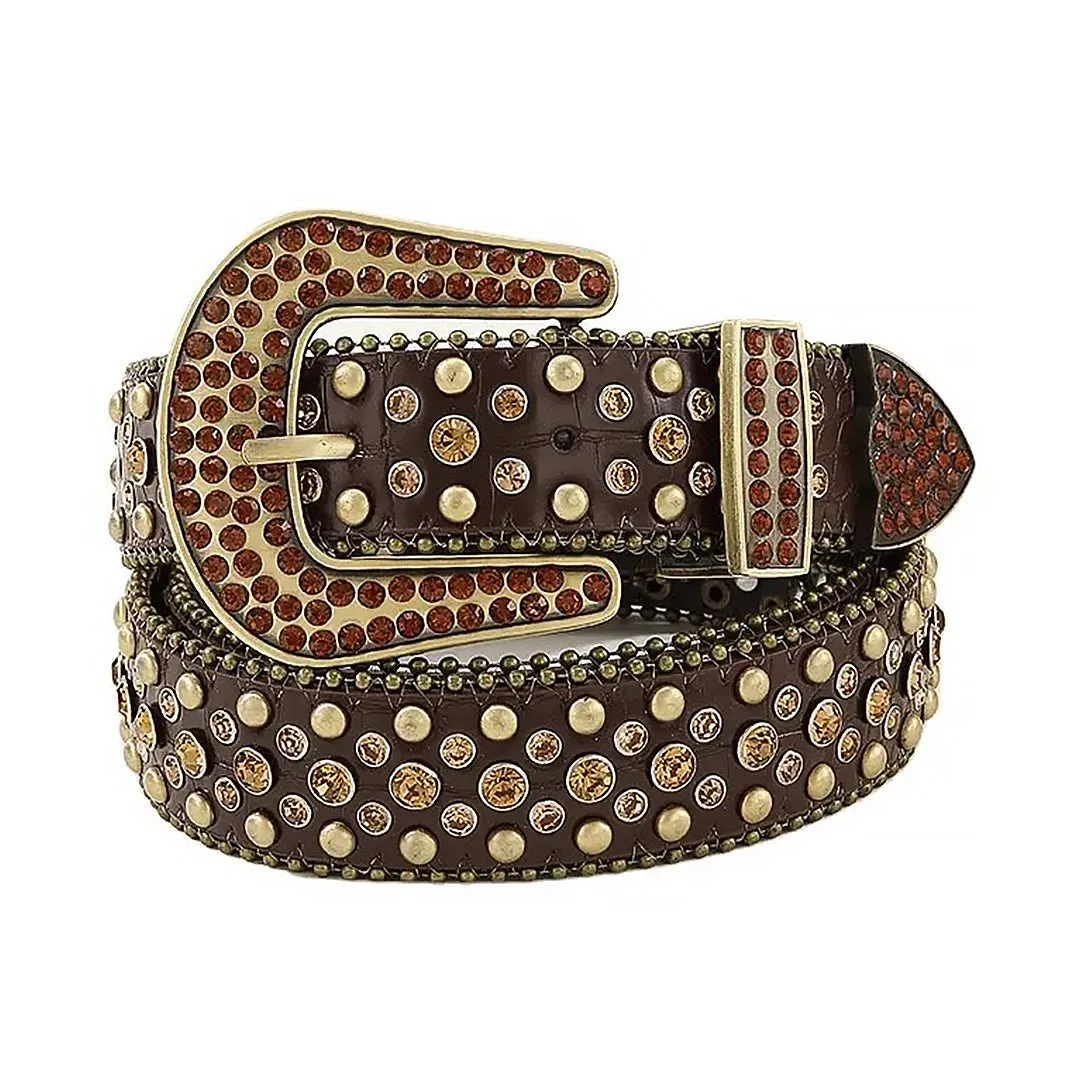 Rhinestone Brown With Gold Studs Belt With Brown Texture Strap