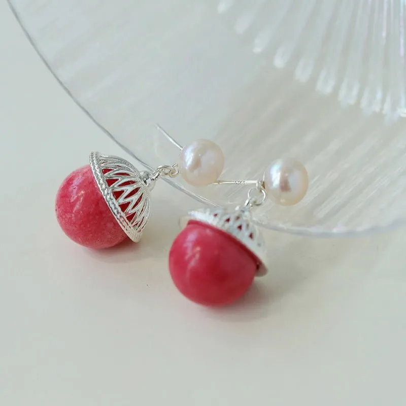 Rose Chalcedony Gemstone Drop Pearl Earrings