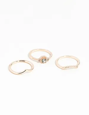 Rose Gold Diamante 3 Band Ring Stack