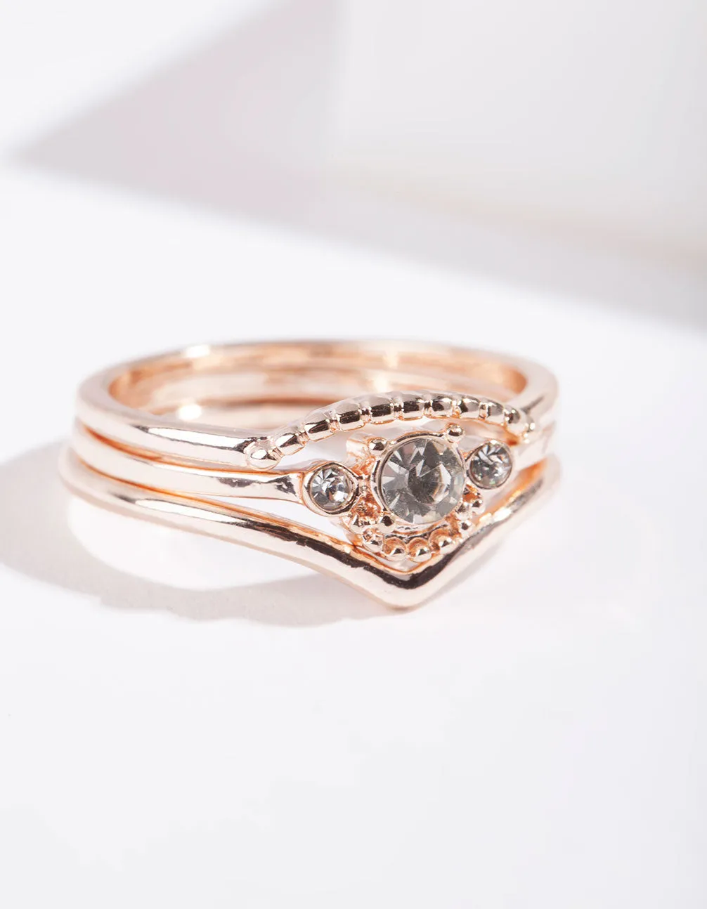 Rose Gold Diamante 3 Band Ring Stack