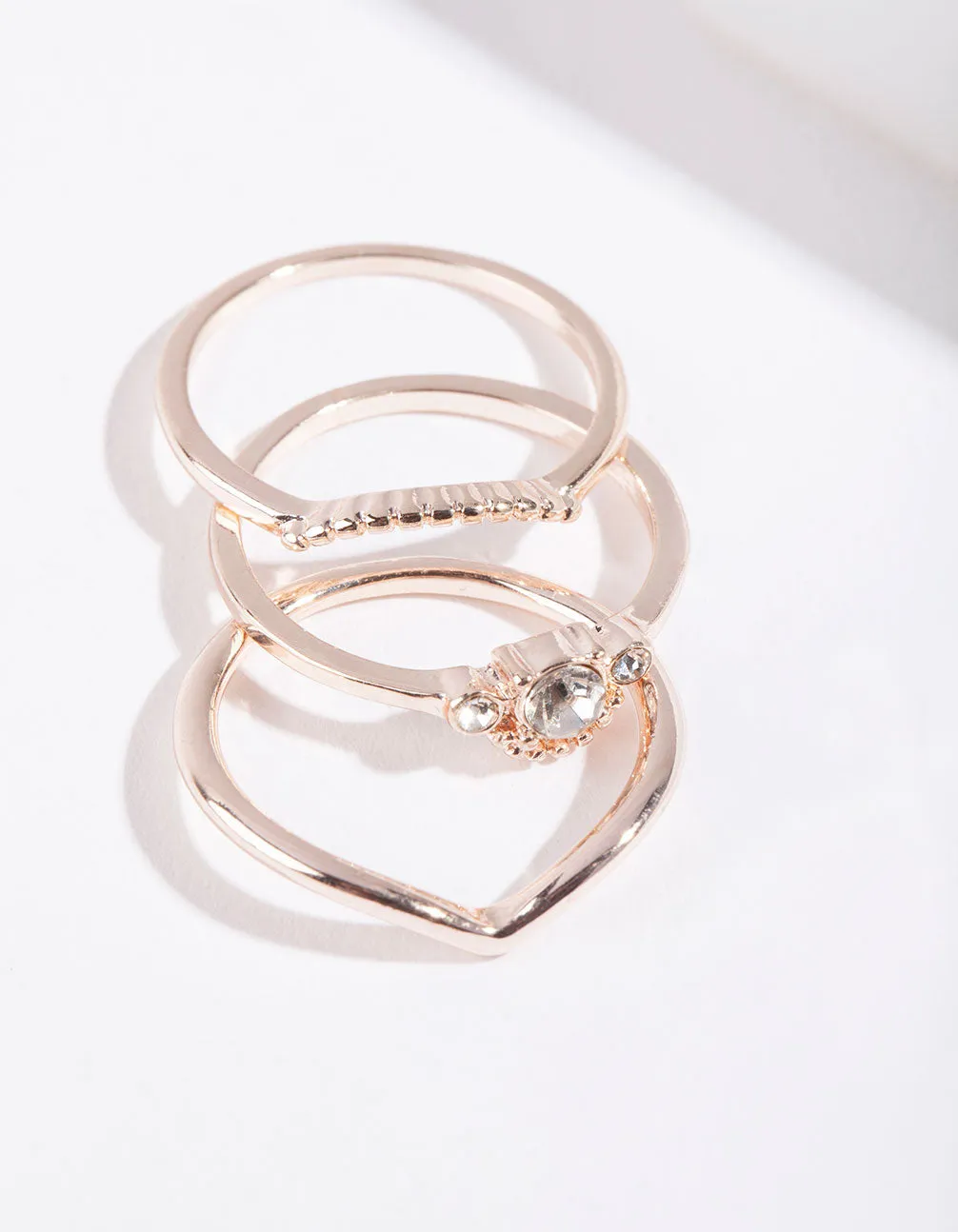 Rose Gold Diamante 3 Band Ring Stack