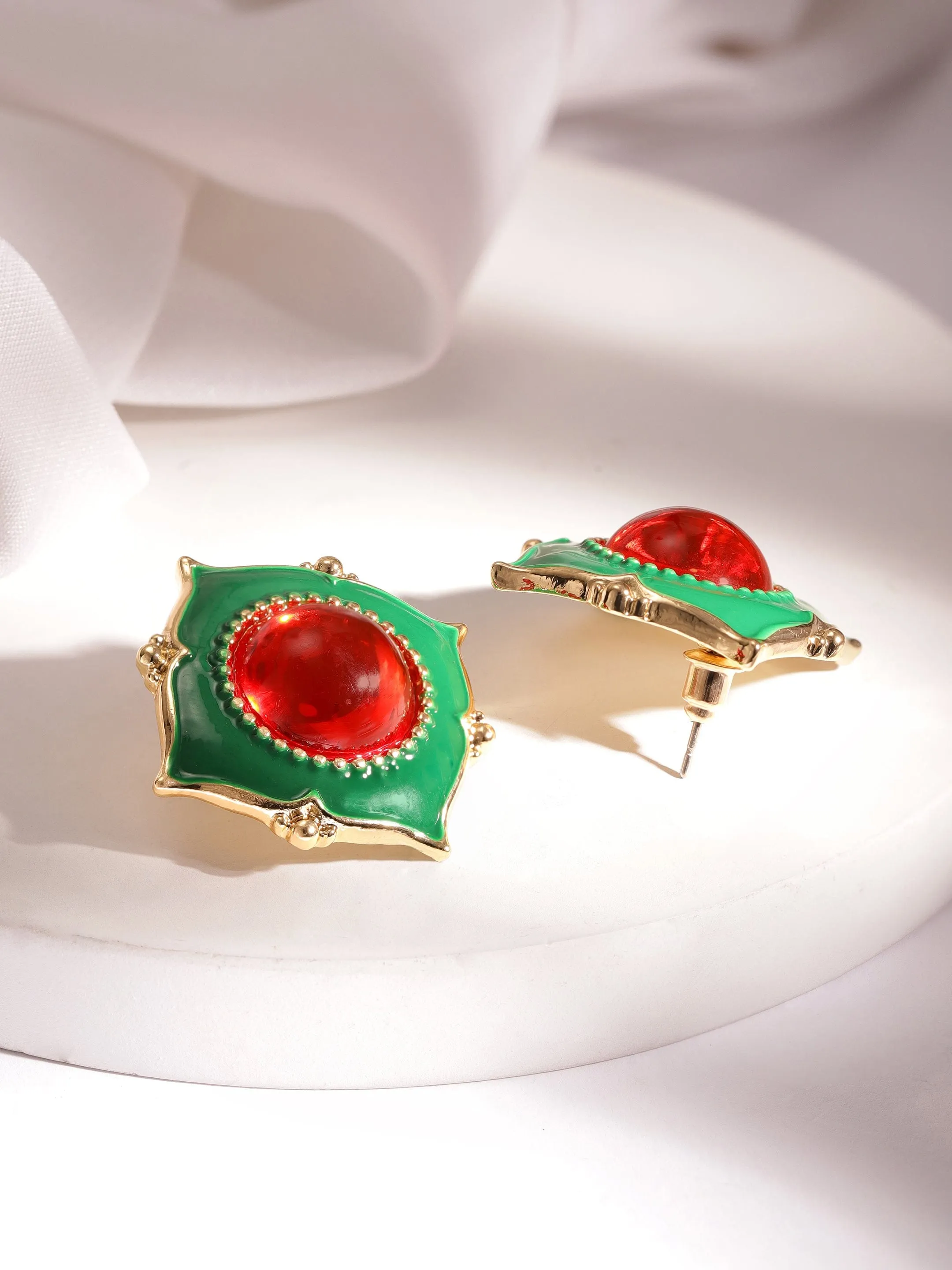 Rubans 18K Gold-Plated Red & Green Enamel Stud Earrings with Bold Statement Design