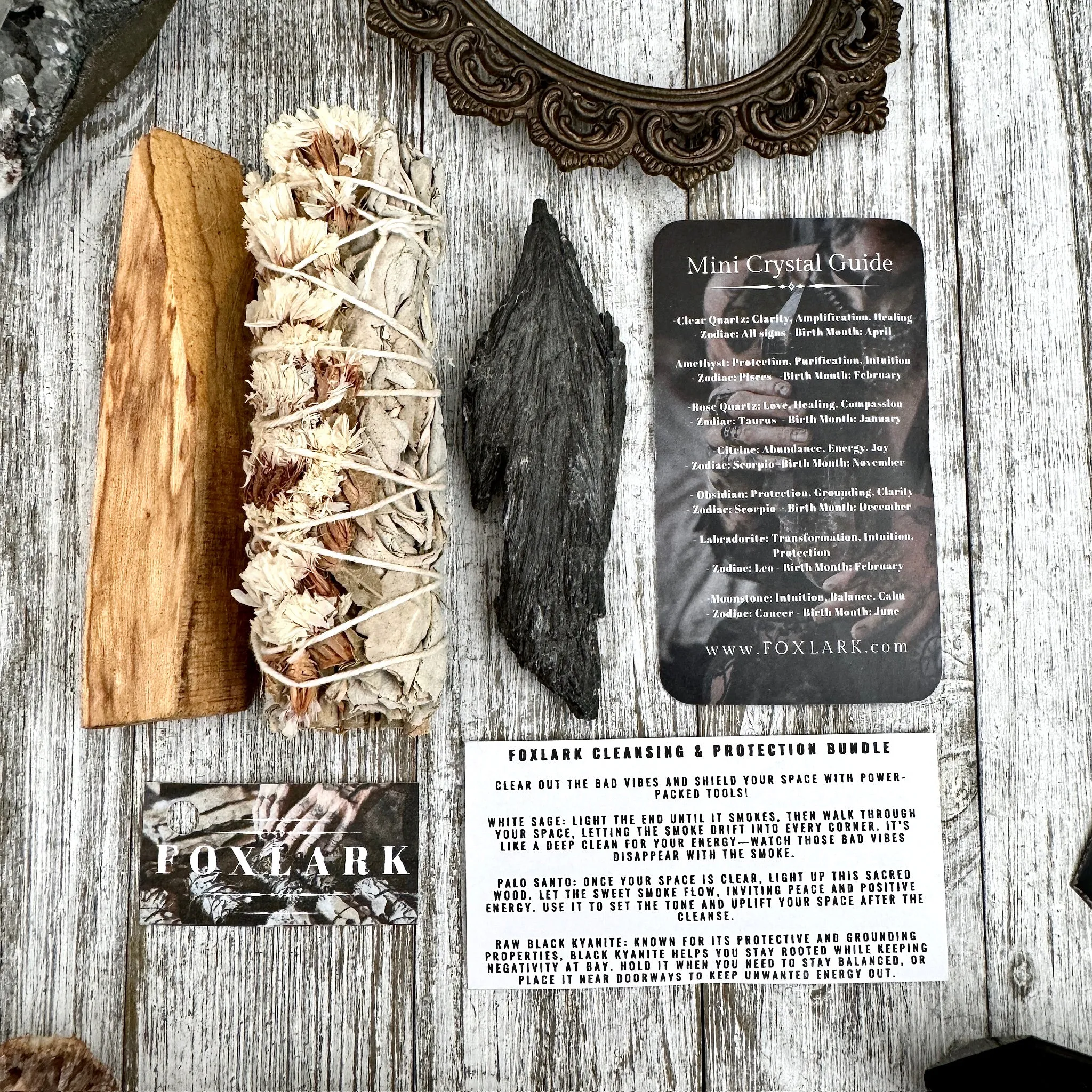 Sage Crystal Bundle with White Sage Palo Santo Black Kyanite / Crystal and Sage Foxlark Cleansing & Protection Bundle