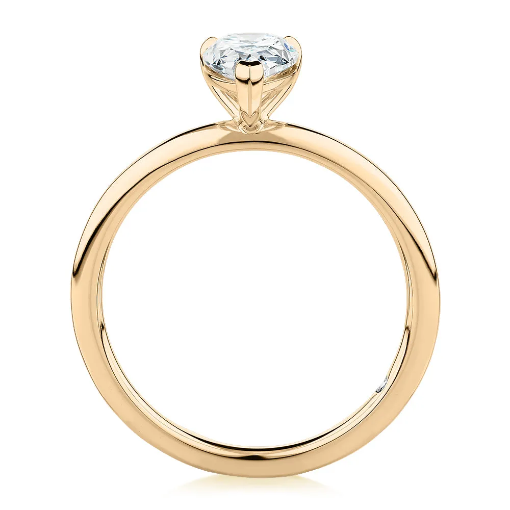 Signature Simulant Diamond 1.00 carat* pear solitaire engagement ring in 14 carat yellow gold