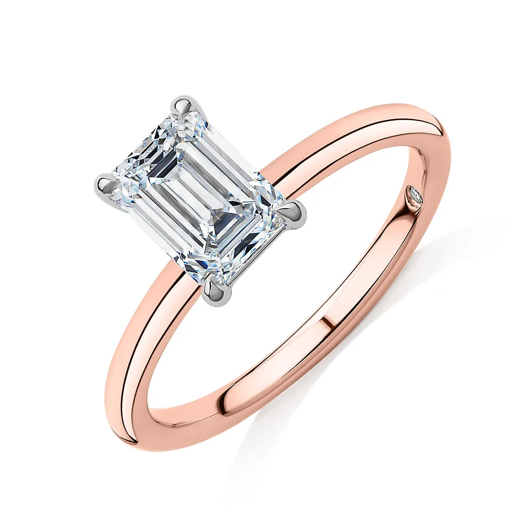 Signature Simulant Diamond 1.50 carat* emerald cut solitaire engagement ring in 14 carat rose and white gold