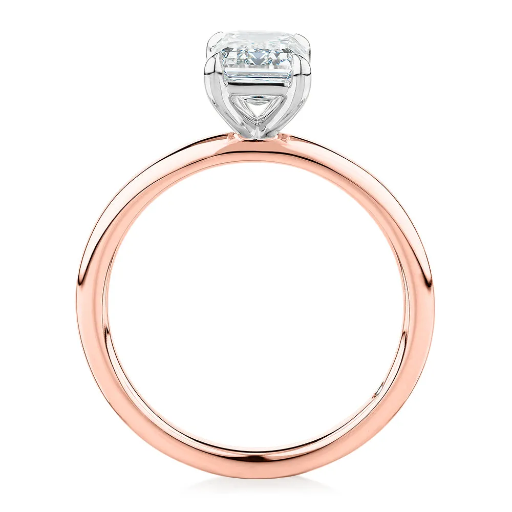 Signature Simulant Diamond 1.50 carat* emerald cut solitaire engagement ring in 14 carat rose and white gold