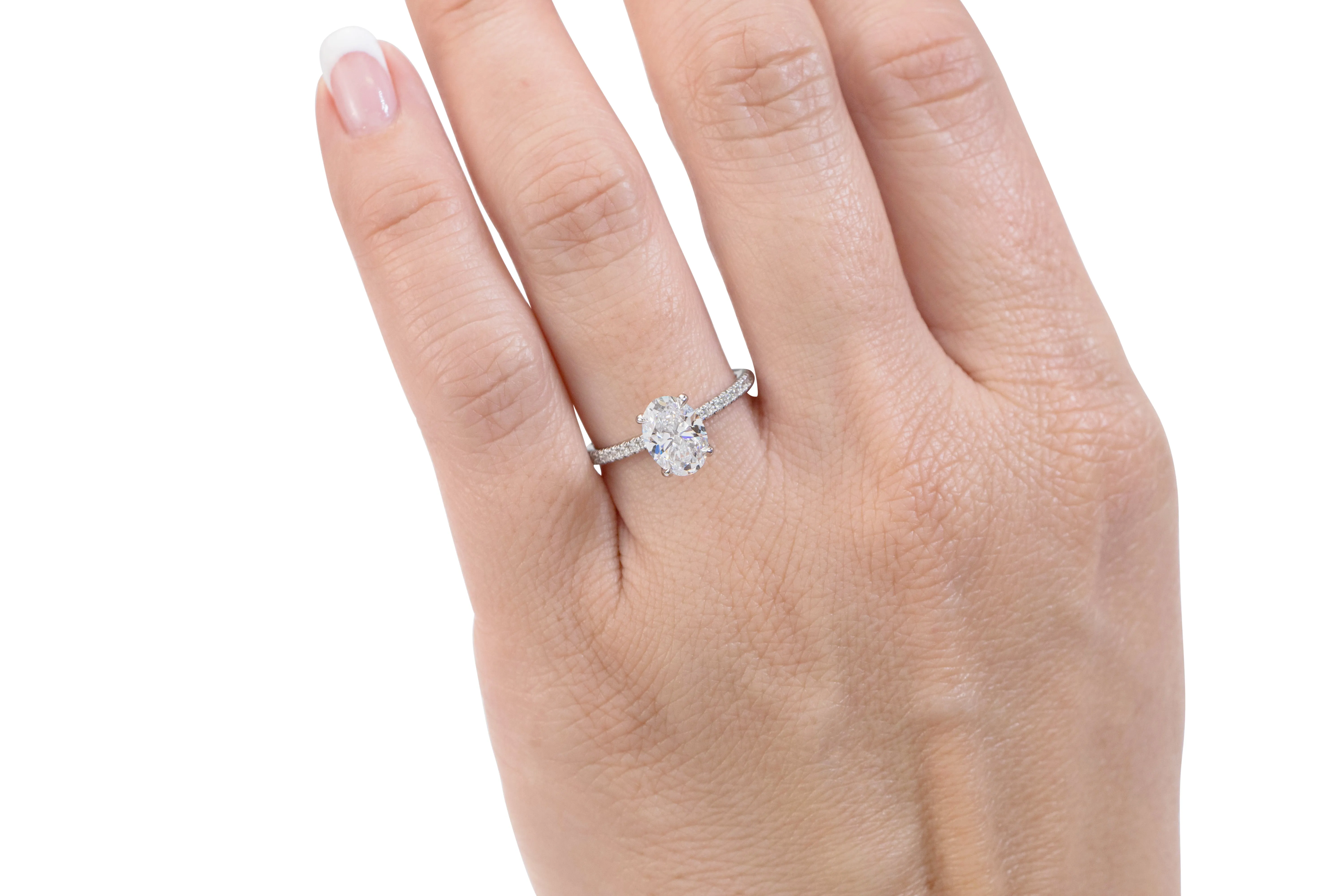 Signature Simulant Diamond 1.74 carat* TW oval and round brilliant shouldered engagement ring in 14 carat white gold