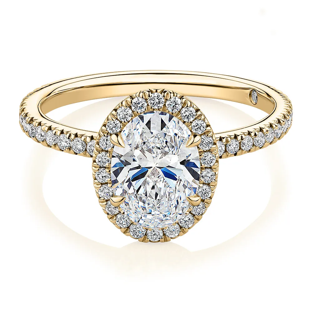 Signature Simulant Diamond 1.89 carat* TW oval and round brilliant halo engagement ring in 14 carat yellow gold