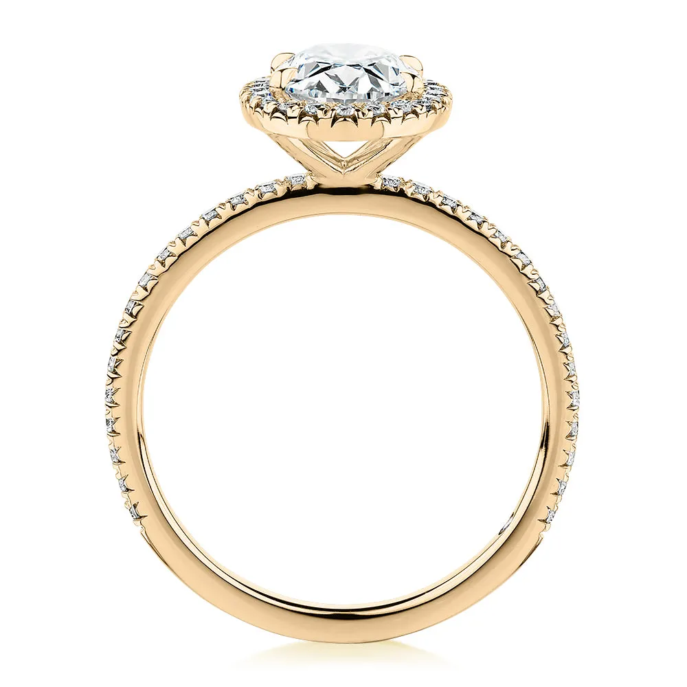 Signature Simulant Diamond 1.89 carat* TW oval and round brilliant halo engagement ring in 14 carat yellow gold