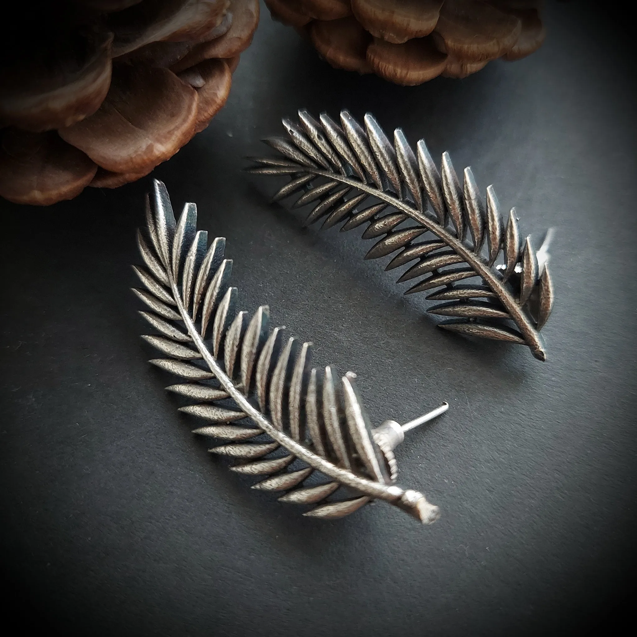 Silver Look-alike Palm Leaf Studs