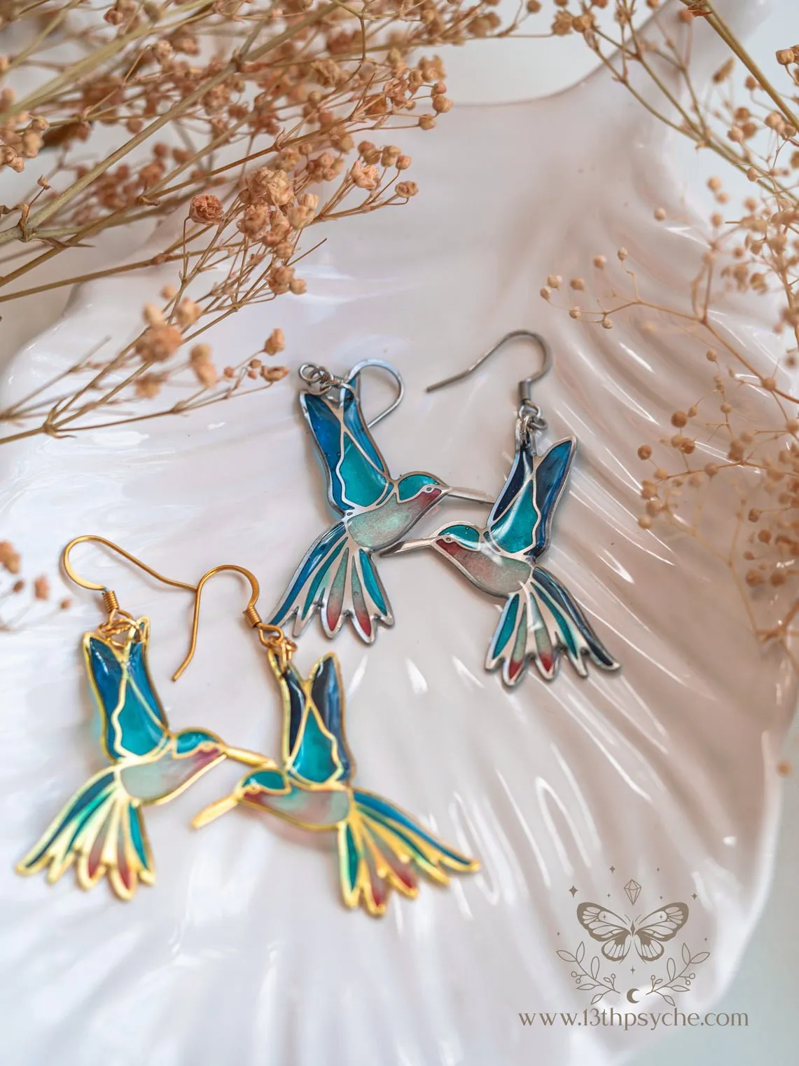 Stained glass inspired hummingbird earrings