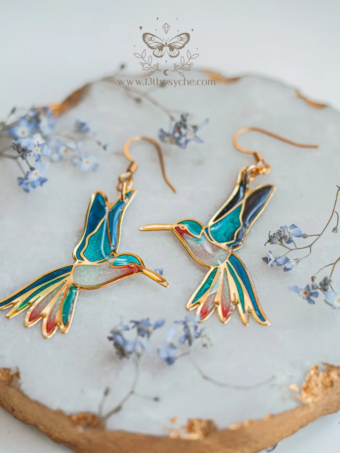 Stained glass inspired hummingbird earrings