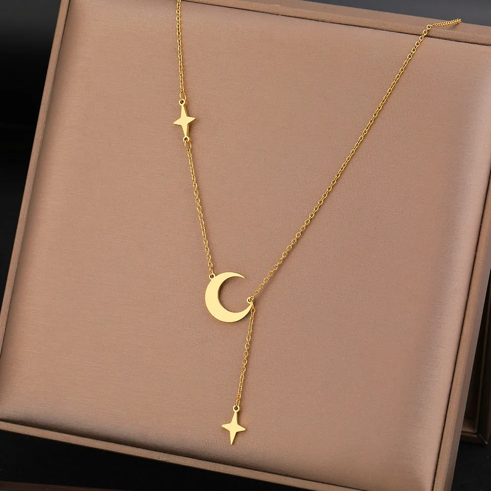 Stainless Steel Necklaces Simple Delicate Moon North Star Pendants Choker Fashion Necklace Jewelry