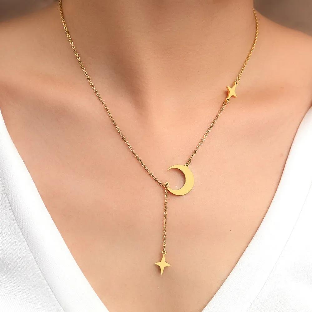 Stainless Steel Necklaces Simple Delicate Moon North Star Pendants Choker Fashion Necklace Jewelry