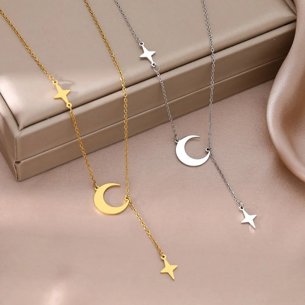 Stainless Steel Necklaces Simple Delicate Moon North Star Pendants Choker Fashion Necklace Jewelry