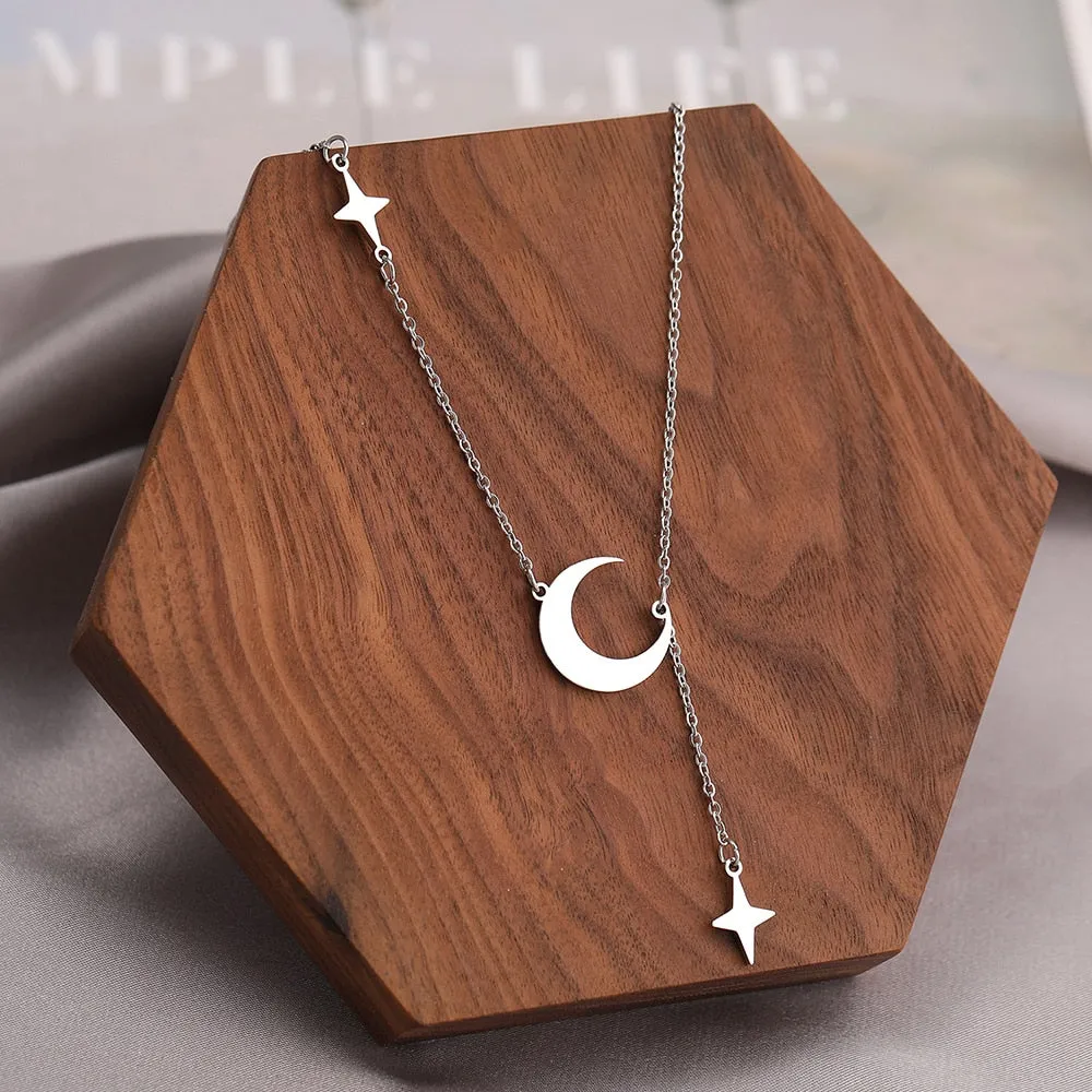 Stainless Steel Necklaces Simple Delicate Moon North Star Pendants Choker Fashion Necklace Jewelry