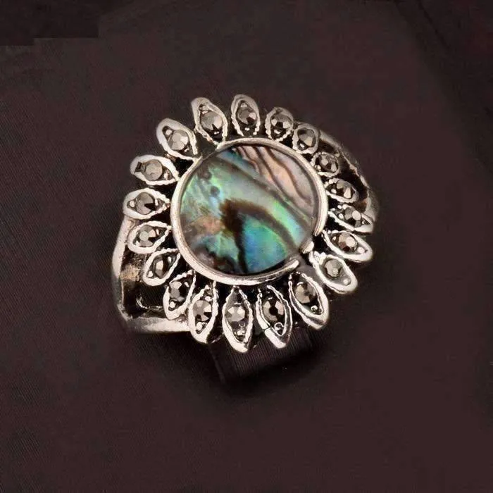 Sunburst Abalone Shell and Black Crystal Vintage Silver Ring