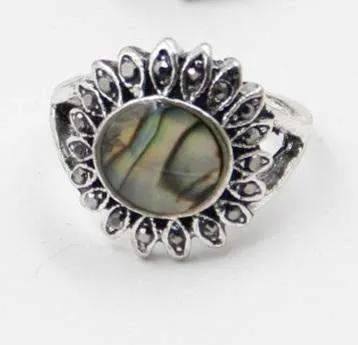 Sunburst Abalone Shell and Black Crystal Vintage Silver Ring