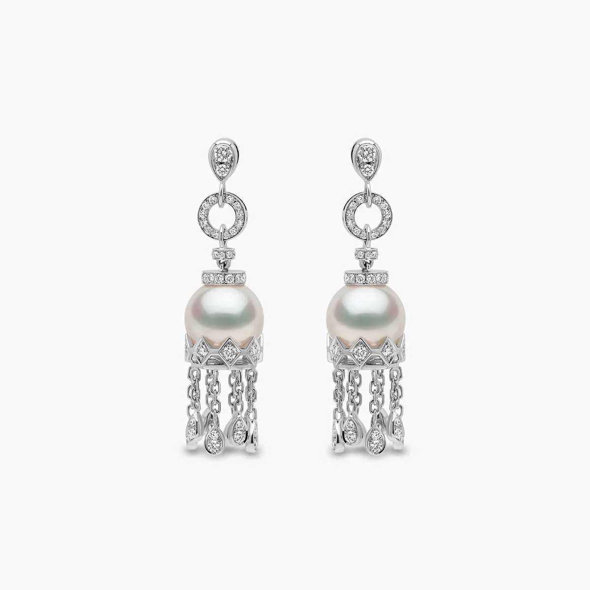 Tassel 18K Gold Freshwater Pearl and Diamond Earrings