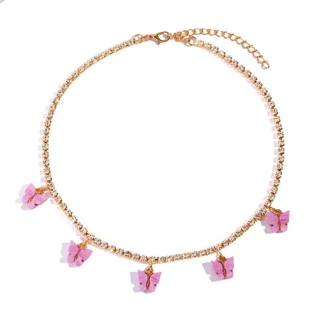 Trendy cute Iced Out Butterfly Choker Necklaces For Women Gold Silver Color Tennis Chain Animals Pendant