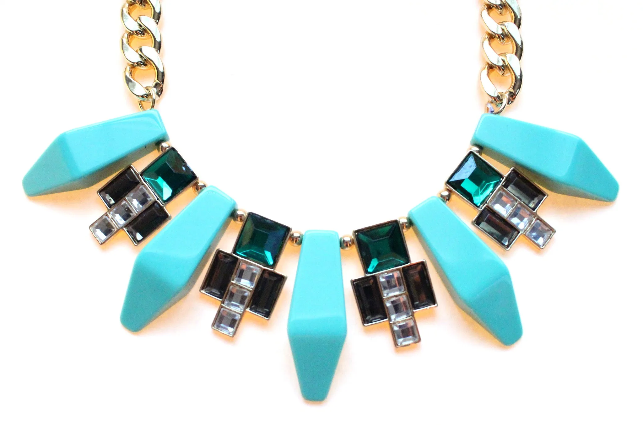 Tribal Geometric Jeweled Statement Necklace- Mint