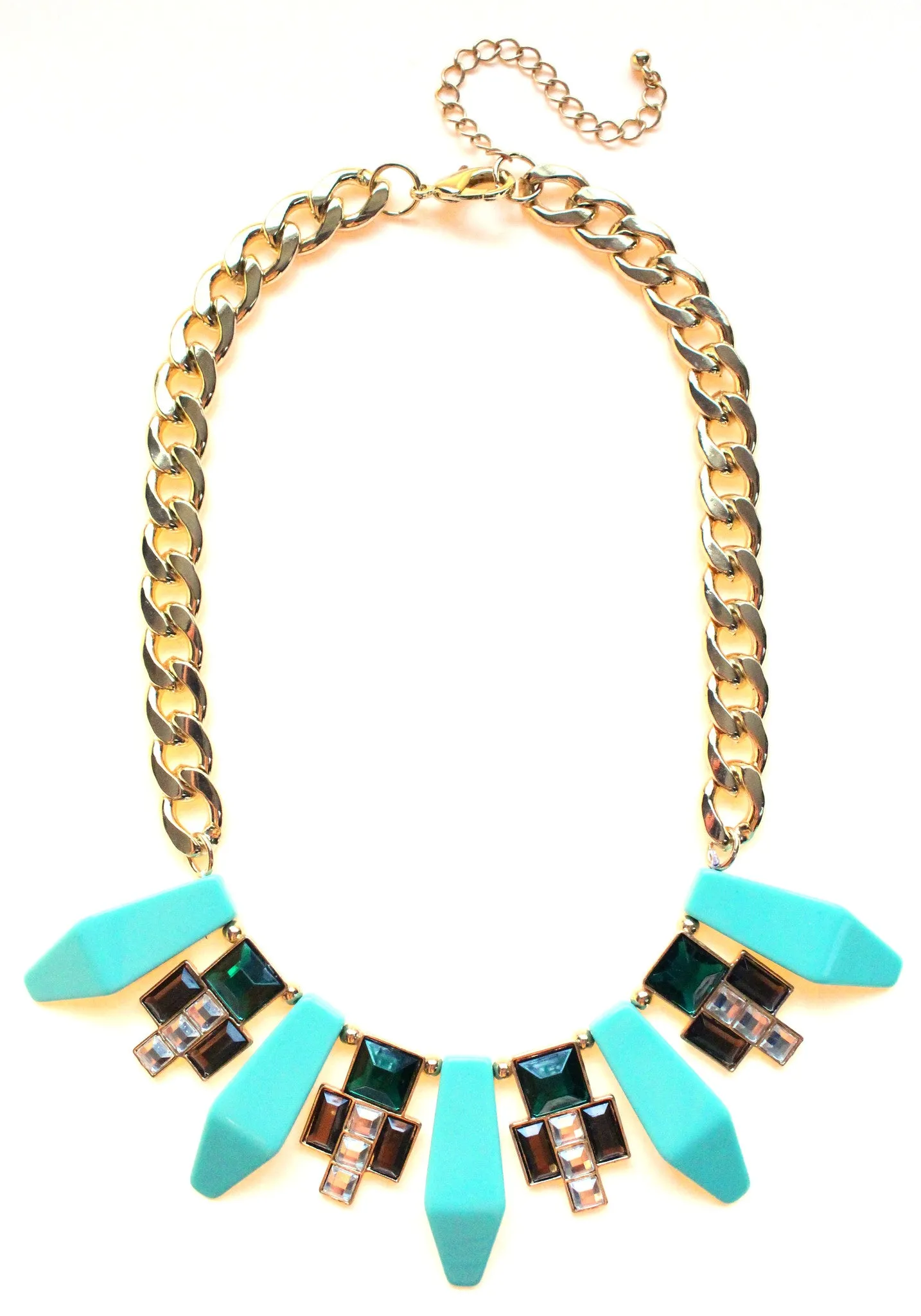 Tribal Geometric Jeweled Statement Necklace- Mint