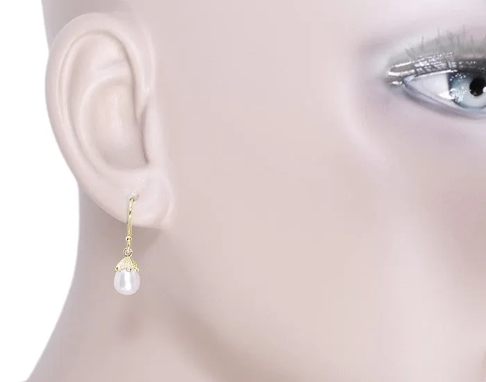 Victorian Engraved Leaves Pearl Drop Earrings in 14 Karat Yellow Gold