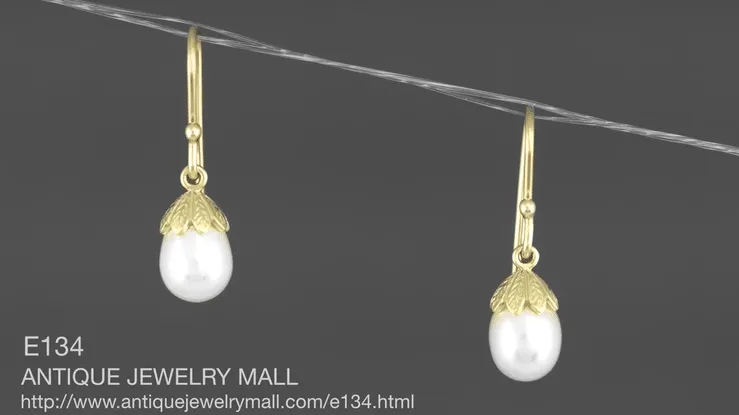 Victorian Engraved Leaves Pearl Drop Earrings in 14 Karat Yellow Gold