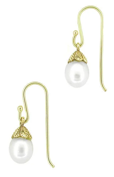 Victorian Engraved Leaves Pearl Drop Earrings in 14 Karat Yellow Gold