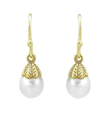 Victorian Engraved Leaves Pearl Drop Earrings in 14 Karat Yellow Gold