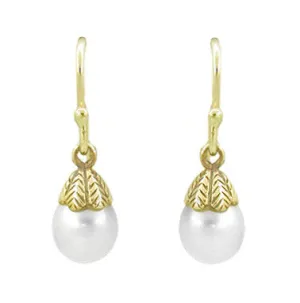 Victorian Engraved Leaves Pearl Drop Earrings in 14 Karat Yellow Gold