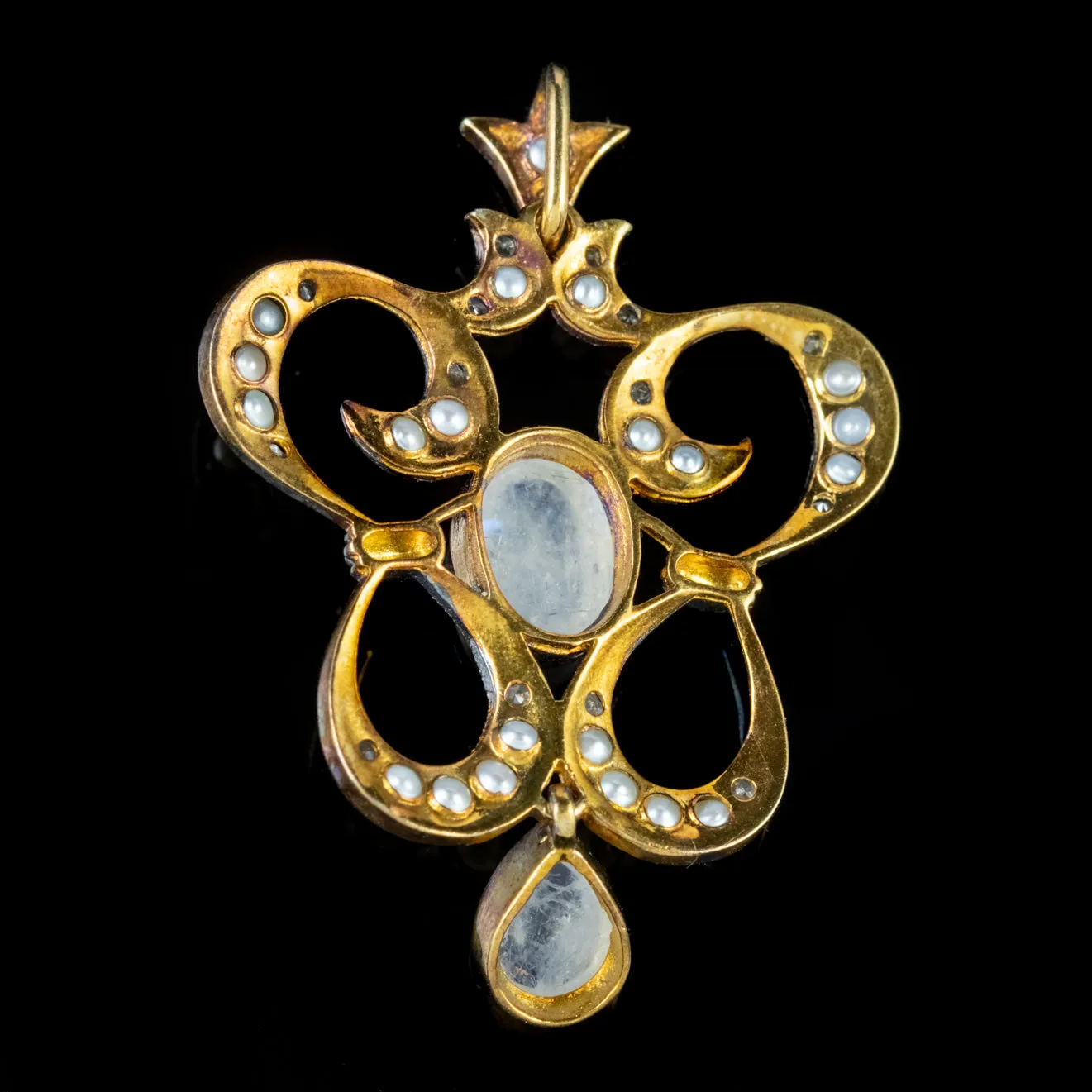 Victorian Style Moonstone Pendant Pearl Diamond 18Ct Gold On Silver