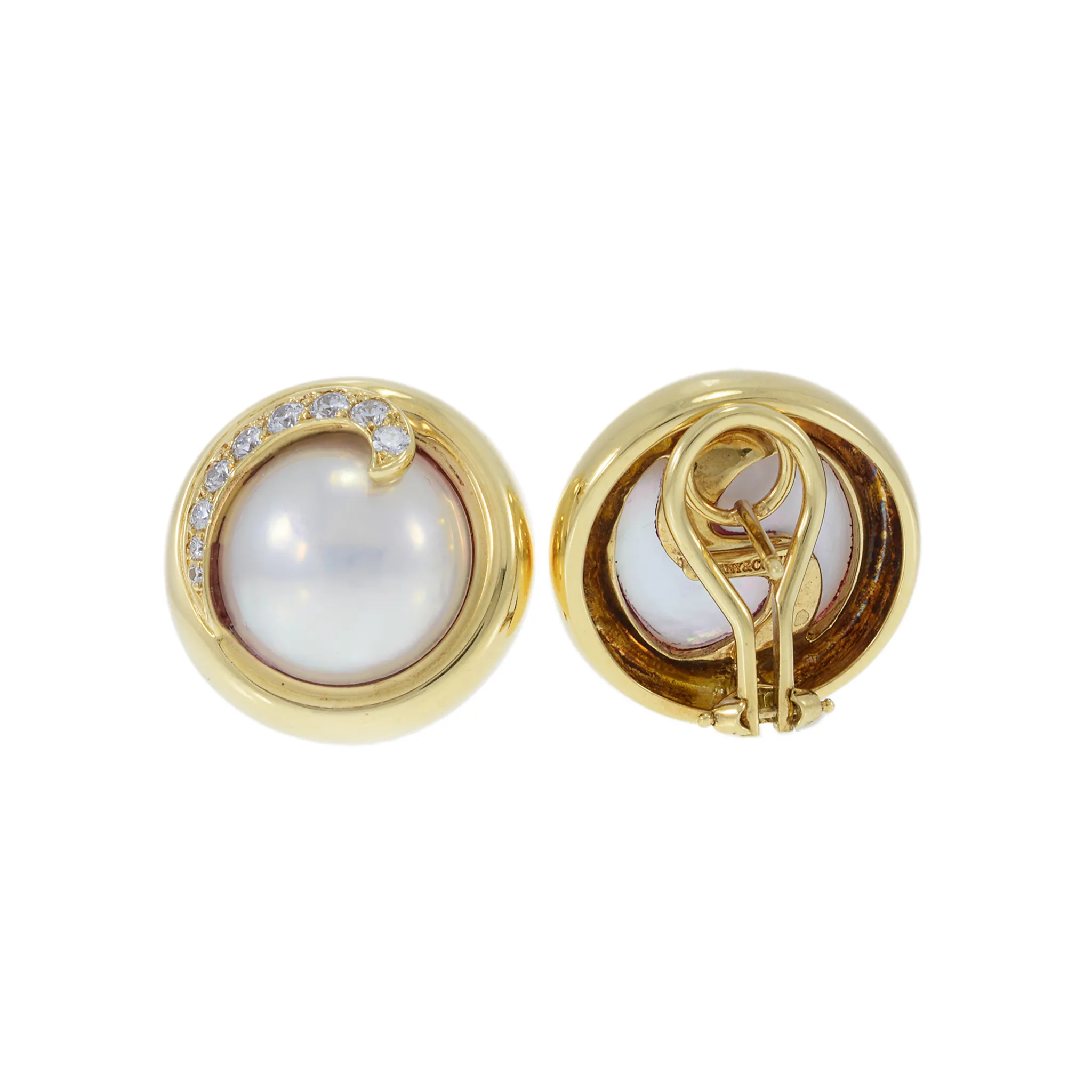 Vintage 18KT Yellow Gold Tiffany & Co. Pearl and Diamond Swirl Earrings