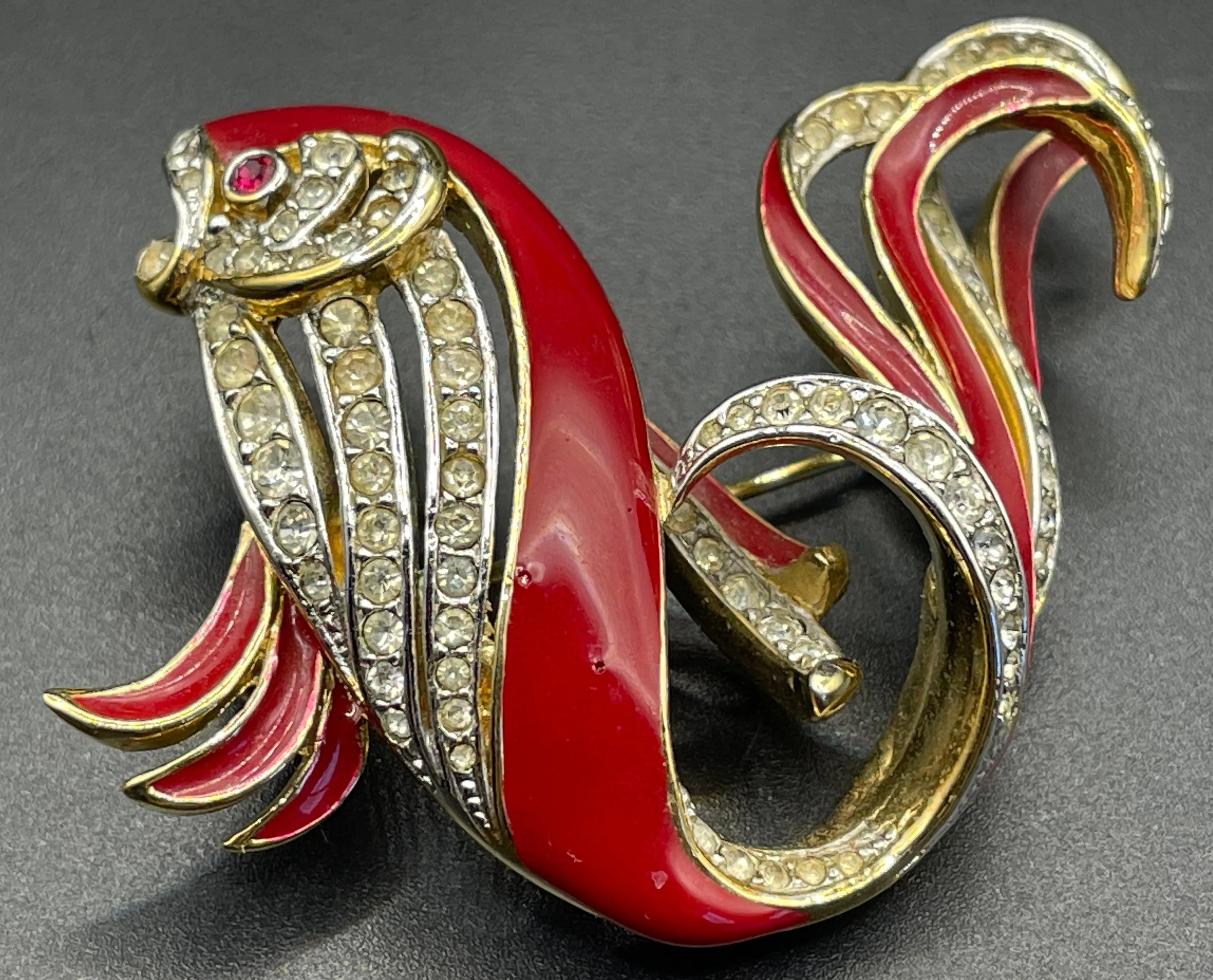 Vintage Attwood and Sawyer large fish brooch, 22ct gold plated, red enamel and rhinestone, signed A&S