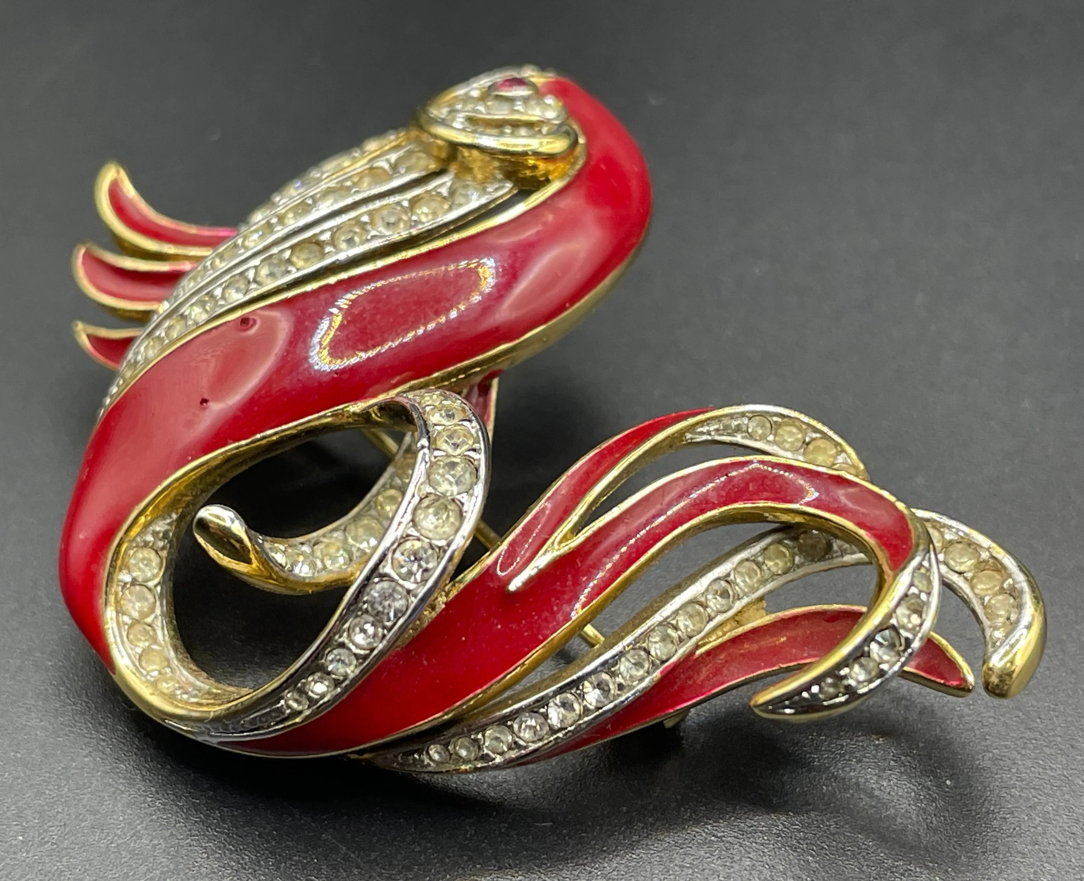 Vintage Attwood and Sawyer large fish brooch, 22ct gold plated, red enamel and rhinestone, signed A&S