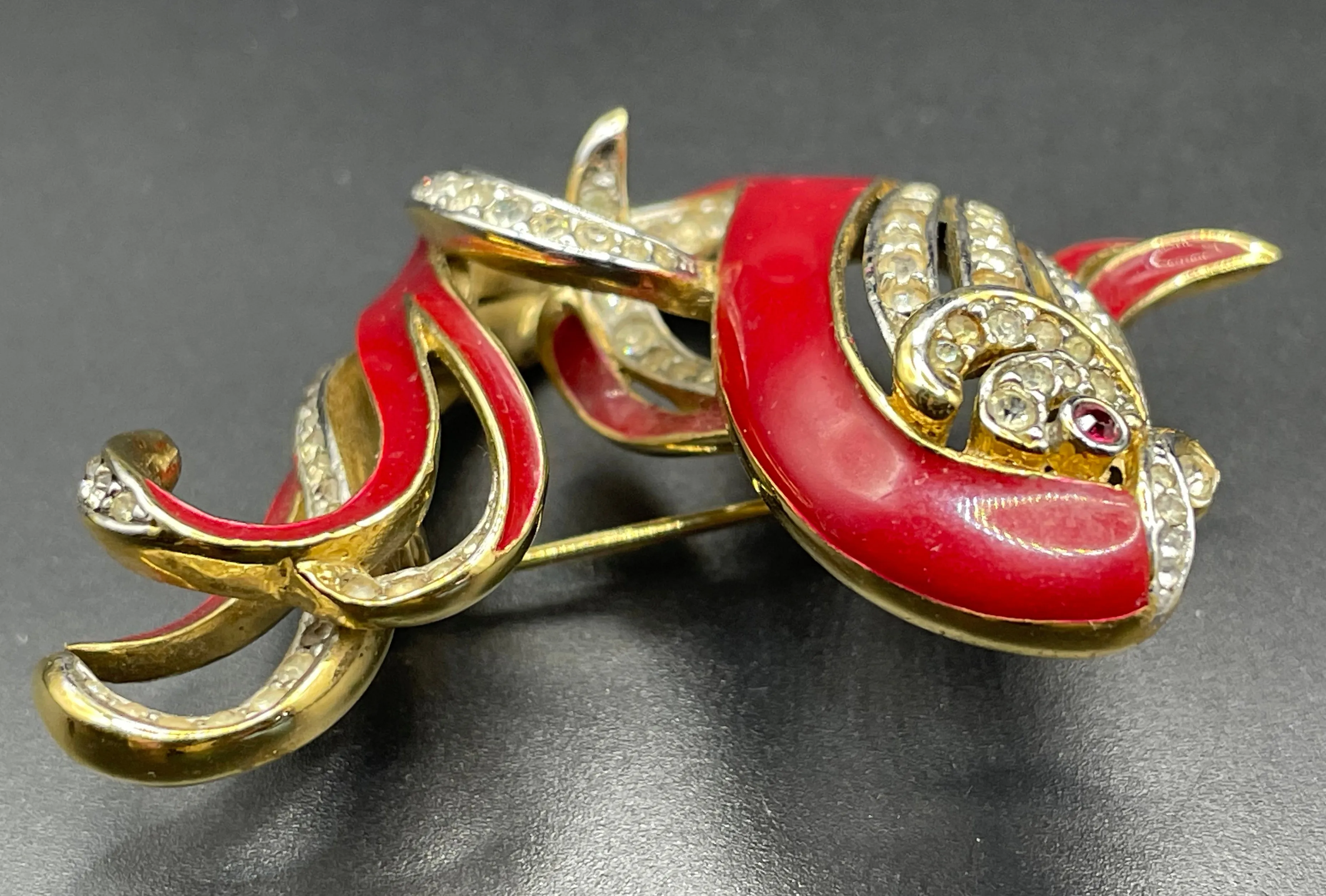 Vintage Attwood and Sawyer large fish brooch, 22ct gold plated, red enamel and rhinestone, signed A&S