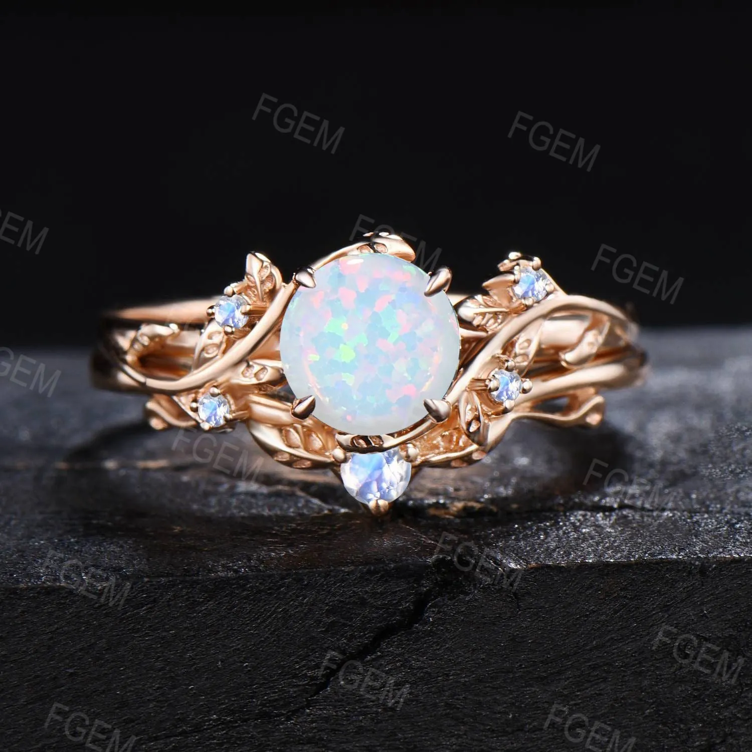 Vintage Branch Leaf Ring Round Solid Gold Bridal Set Nature Inspired Moonstone Ring Twig Engagement Ring Set October Birthstone Propose Gift