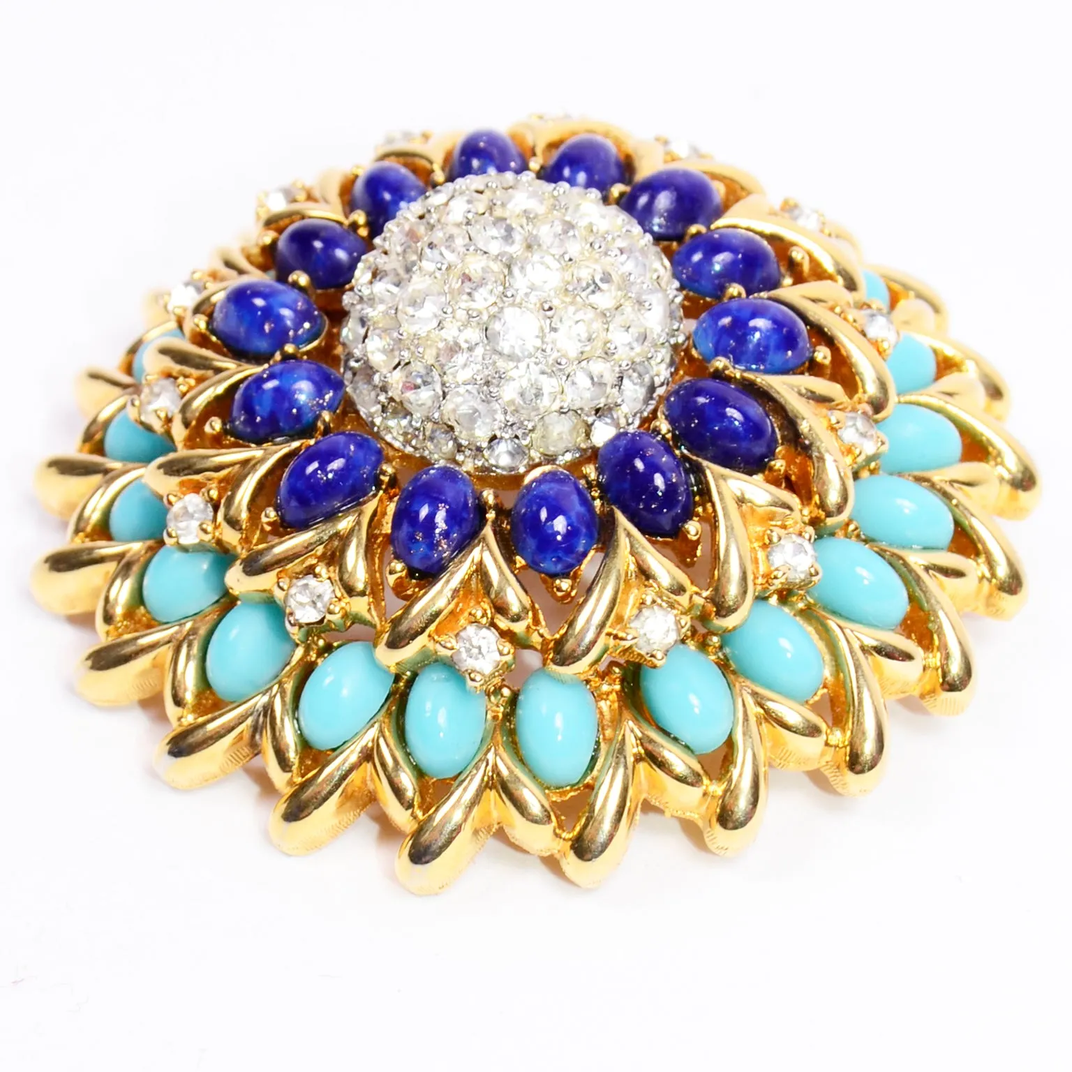 Vintage Jomaz Statement Brooch With Oval Lapis & Turquoise & Rhinestones