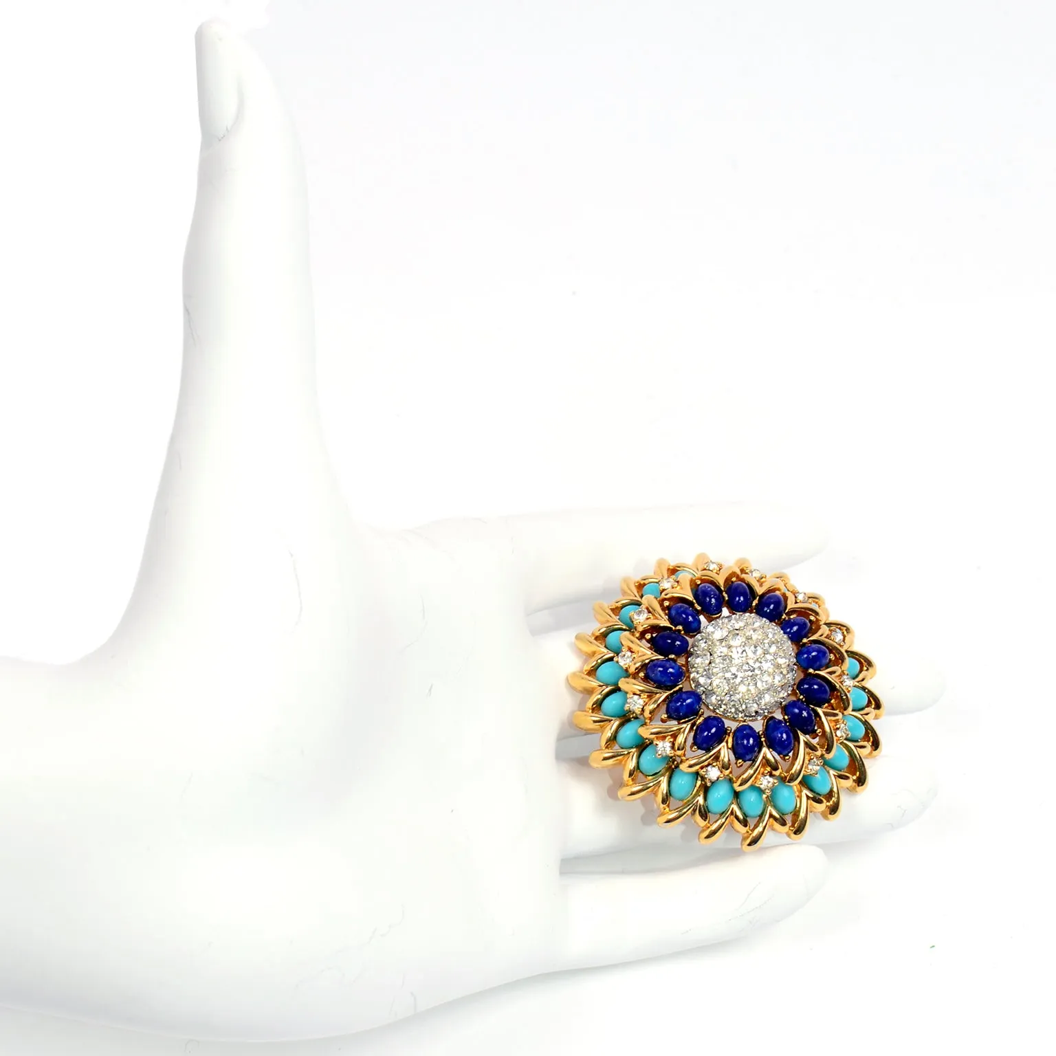 Vintage Jomaz Statement Brooch With Oval Lapis & Turquoise & Rhinestones