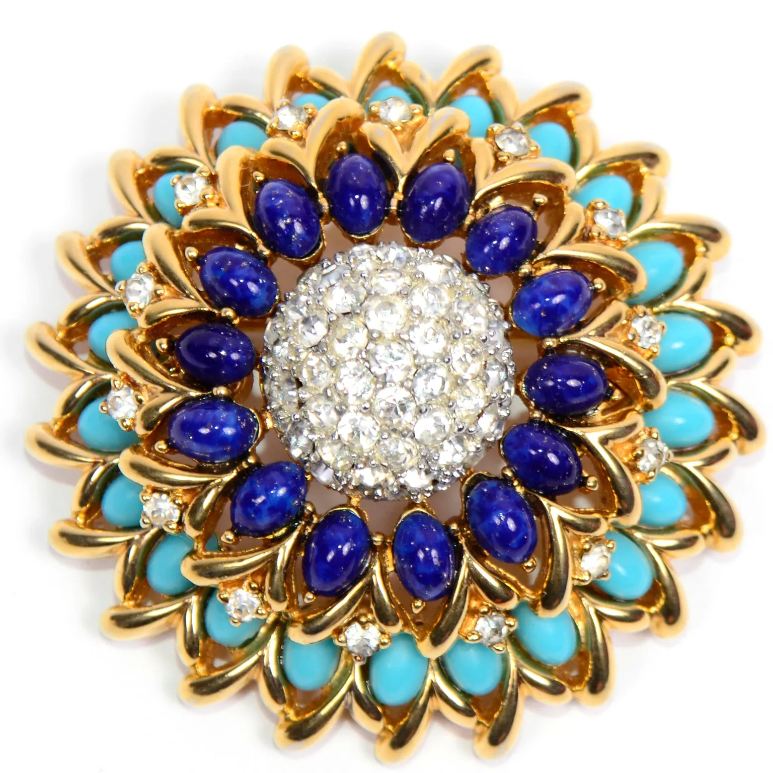 Vintage Jomaz Statement Brooch With Oval Lapis & Turquoise & Rhinestones