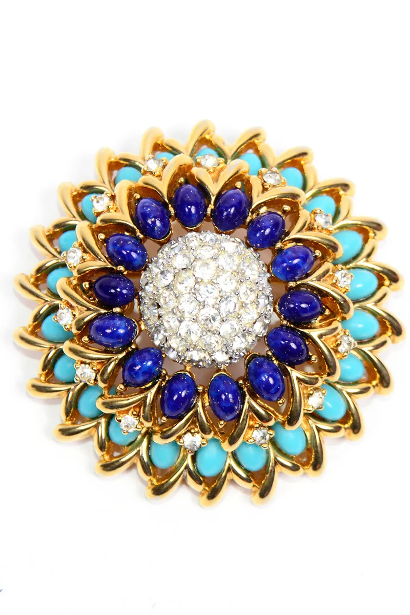 Vintage Jomaz Statement Brooch With Oval Lapis & Turquoise & Rhinestones