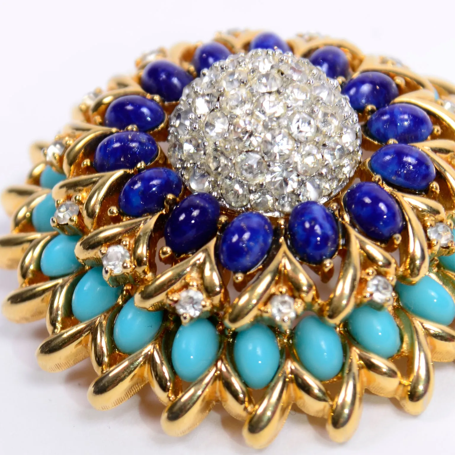 Vintage Jomaz Statement Brooch With Oval Lapis & Turquoise & Rhinestones