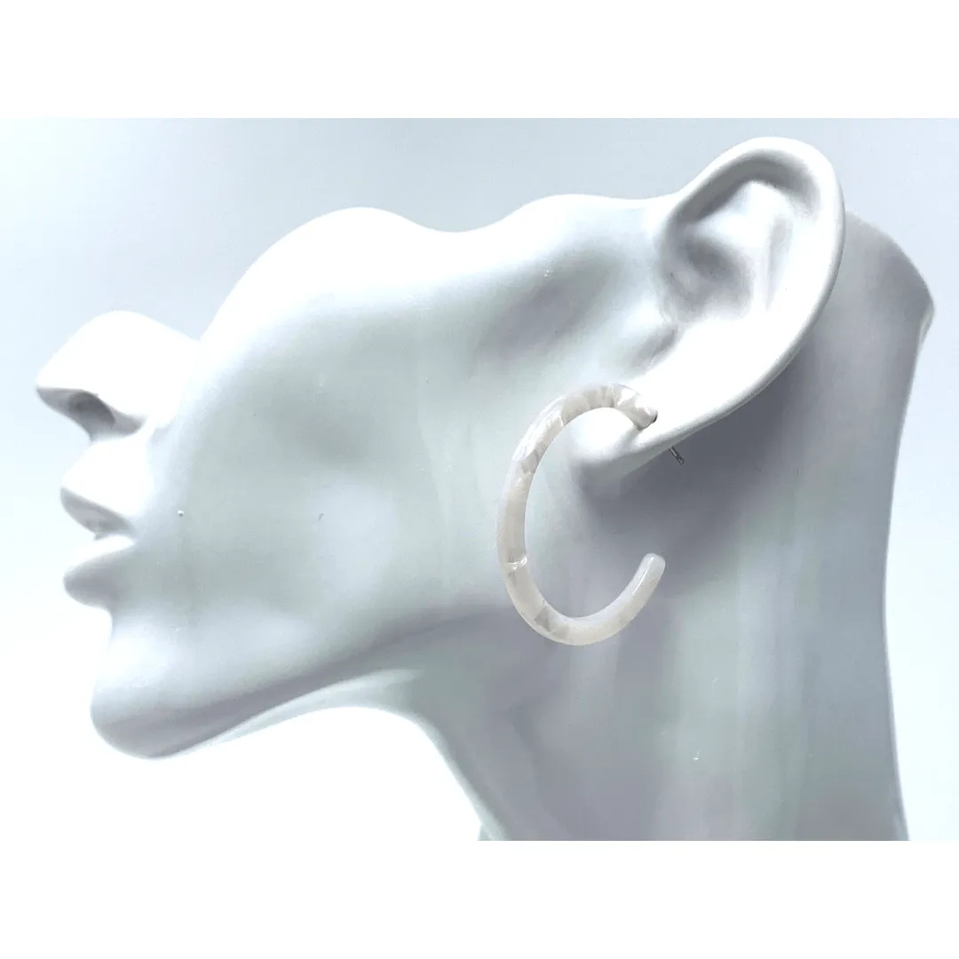 White Marbled Resin Hoop Earrings