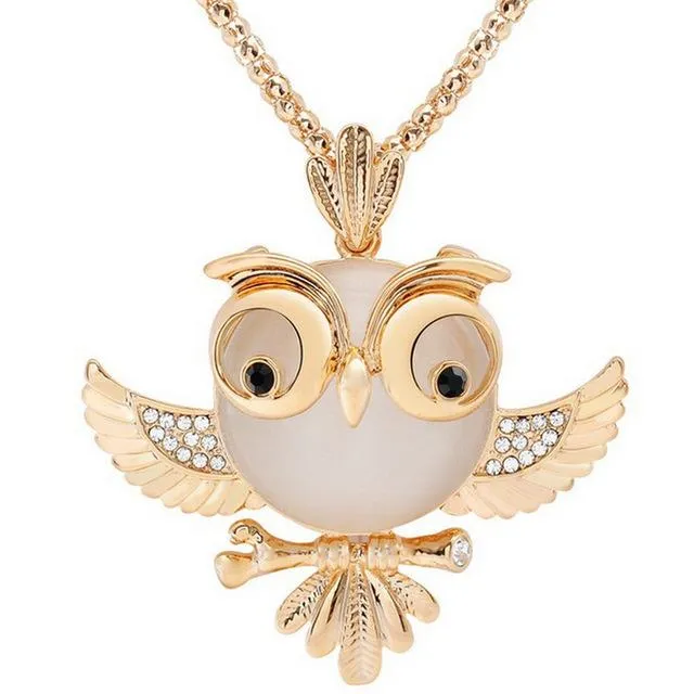 Women Sweater Chain Necklace Owl Design Rhinestones Crystal Pendant