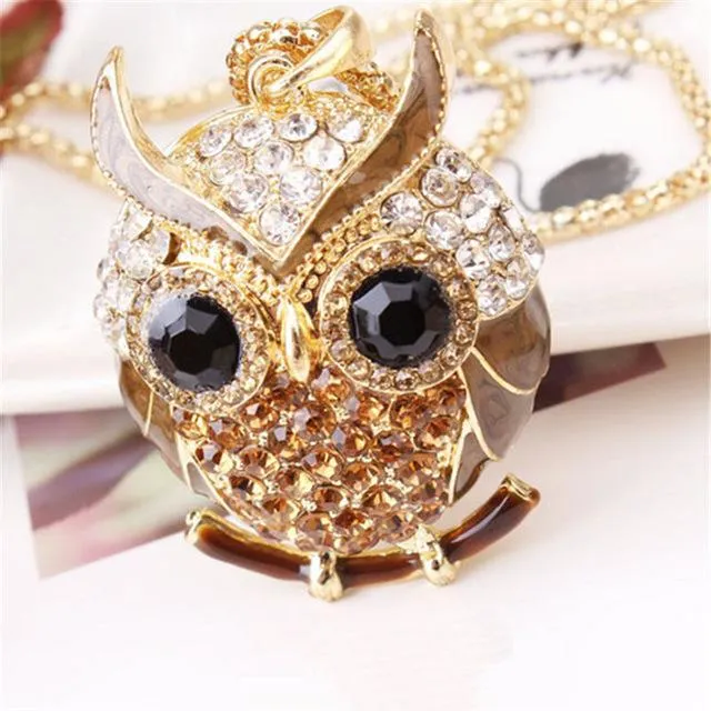 Women Sweater Chain Necklace Owl Design Rhinestones Crystal Pendant