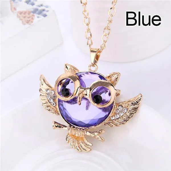 Women Sweater Chain Necklace Owl Design Rhinestones Crystal Pendant